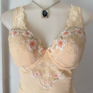 Floral Embroidered Lace-Trim Cream Tank Bustier Corset Lingerie Bra Top